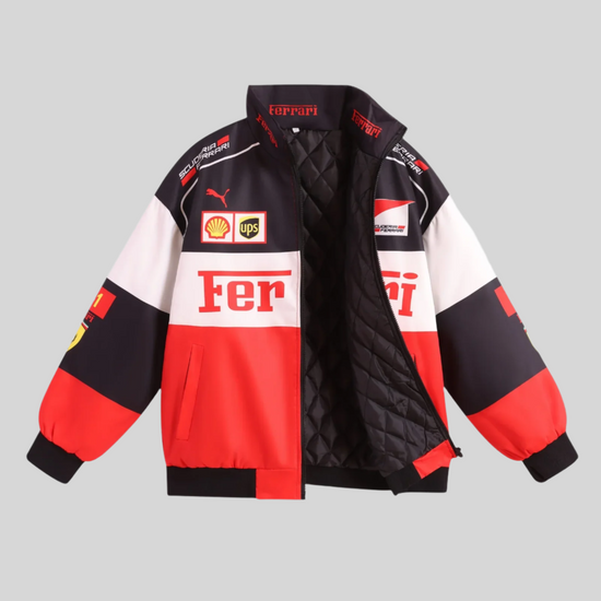 Ferrari Racing Printed Bomber Jacket - White Vintage Motorsport Streetwear