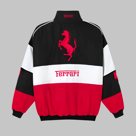 Ferrari jacket with logo and text on a gray background
