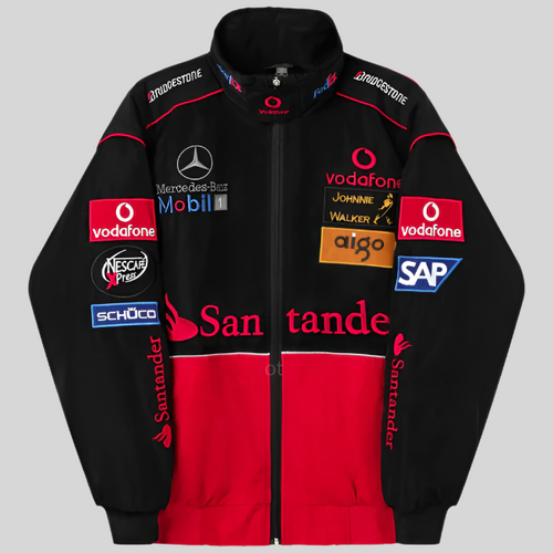 A black and red jacket with embroidered text and logos including 'Mercedes', 'McLaren', and 'Santander' on a motorcycle style jacket.