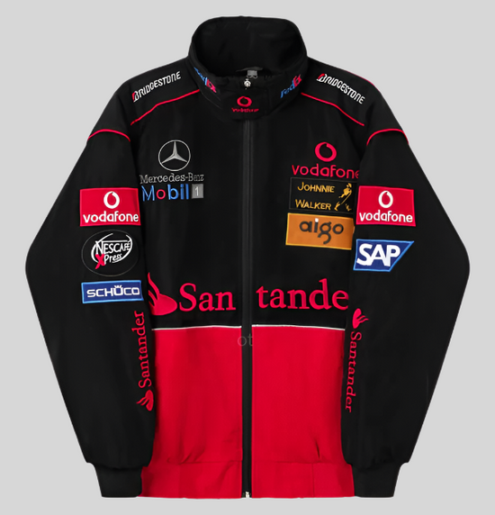 A black and red jacket with embroidered text and logos including 'Mercedes', 'McLaren', and 'Santander' on a motorcycle style jacket.