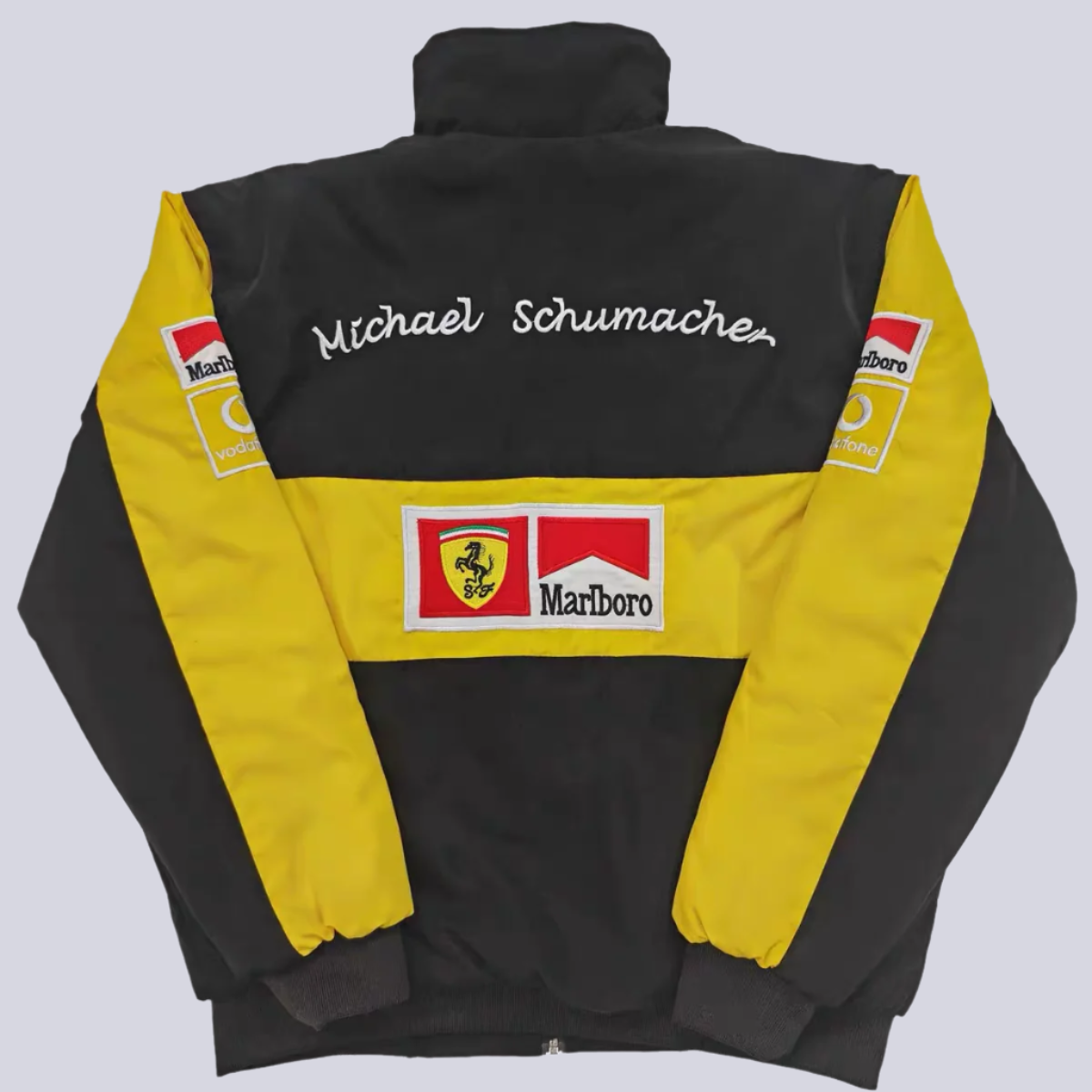 Black and yellow jacket with branding on a white background