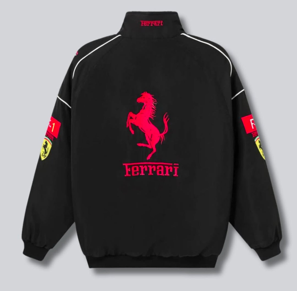 Ferrari Black Embroidered Motorsport Jacket - Classic Racing Style