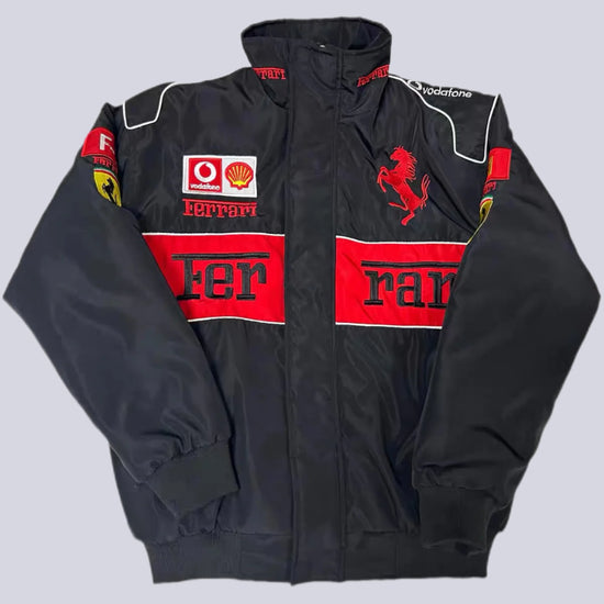 Black Ferrari embroidered racing jacket front