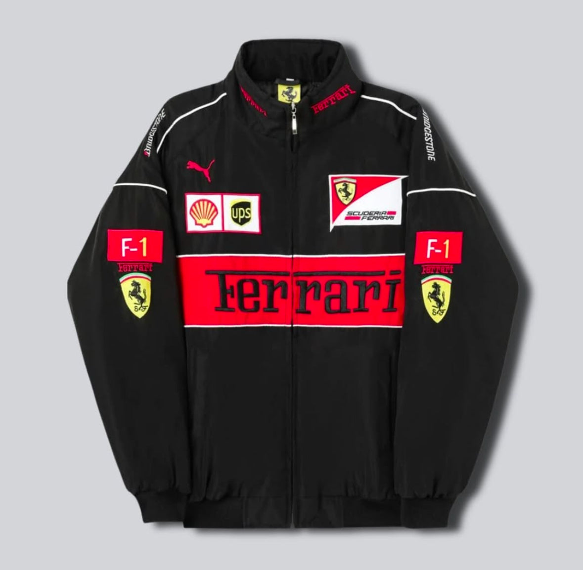 Ferrari Black Embroidered Motorsport Jacket - Classic Racing Style