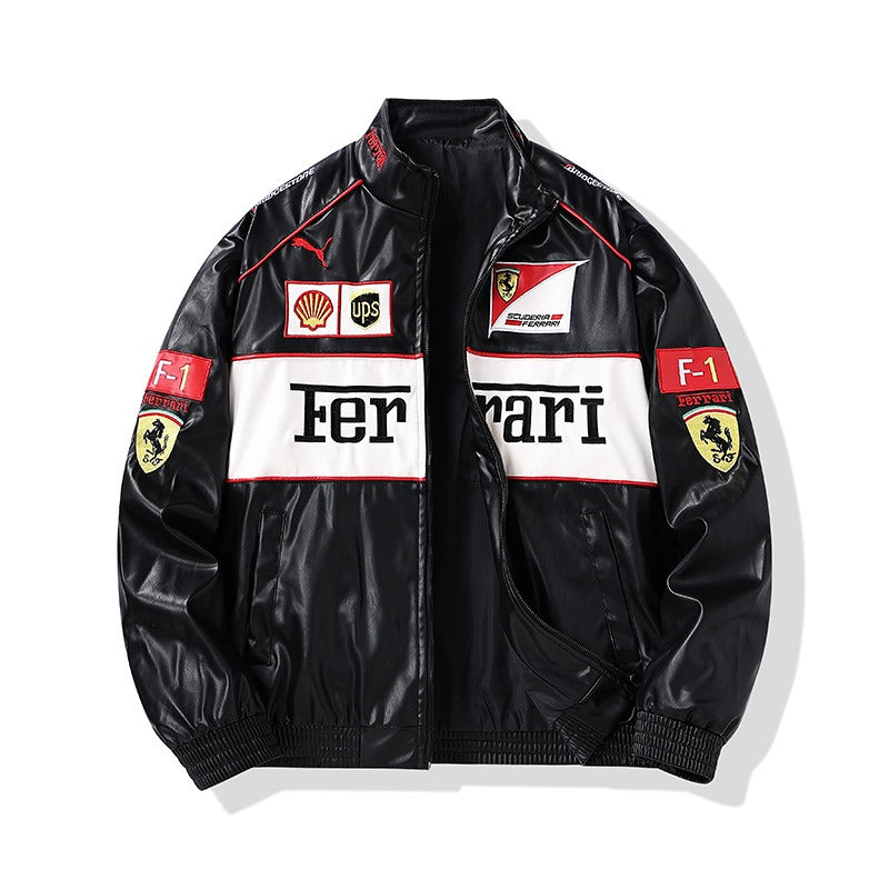 Ferrari Embroidered Racing  Faux Leather Jacket - Black Vintage F1 Streetwear (White)