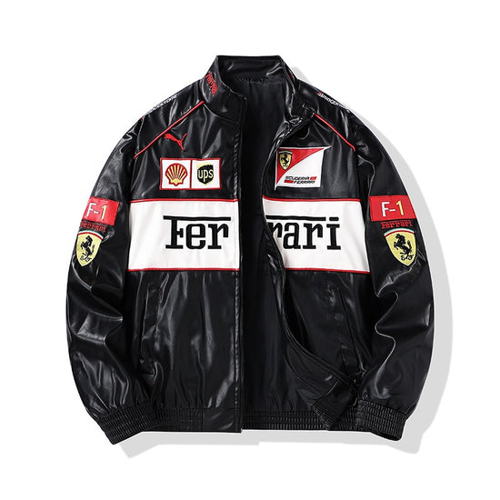 Ferrari Embroidered Racing  Faux Leather Jacket - Black Vintage F1 Streetwear (White)