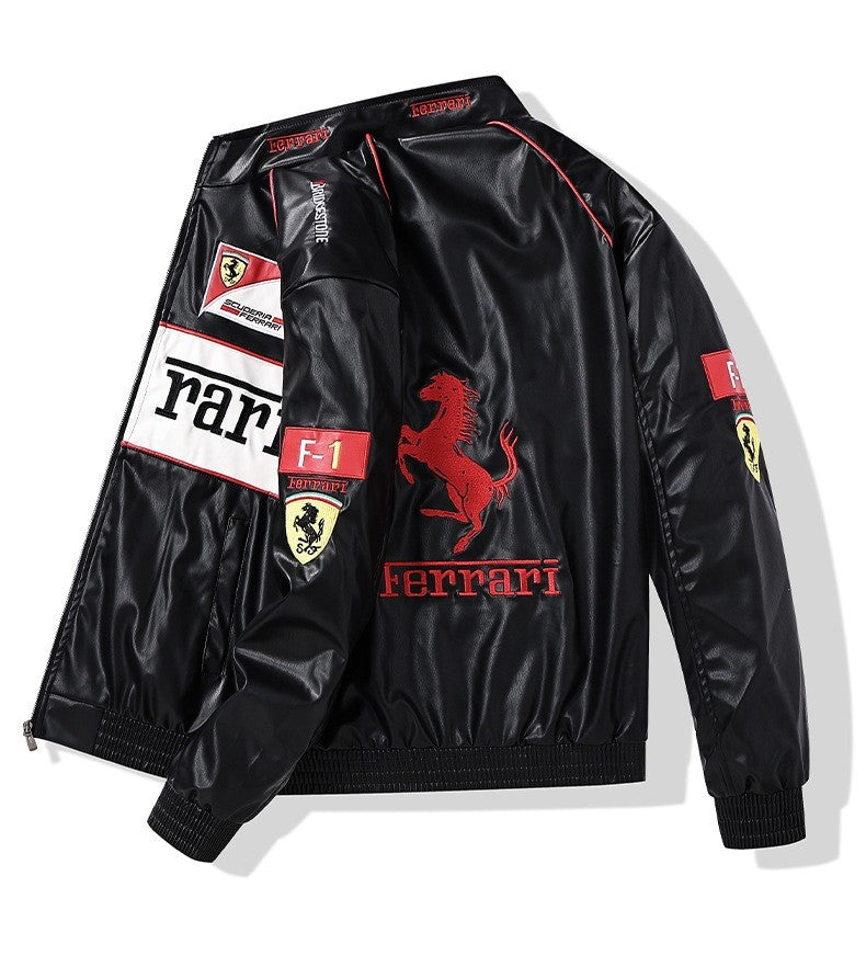 Ferrari Embroidered Racing  Faux Leather Jacket - Black Vintage F1 Streetwear (White)