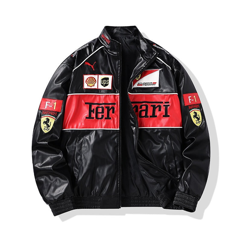 Ferrari Embroidered Racing  Faux Leather Jacket - Black Vintage F1 Streetwear (Red)