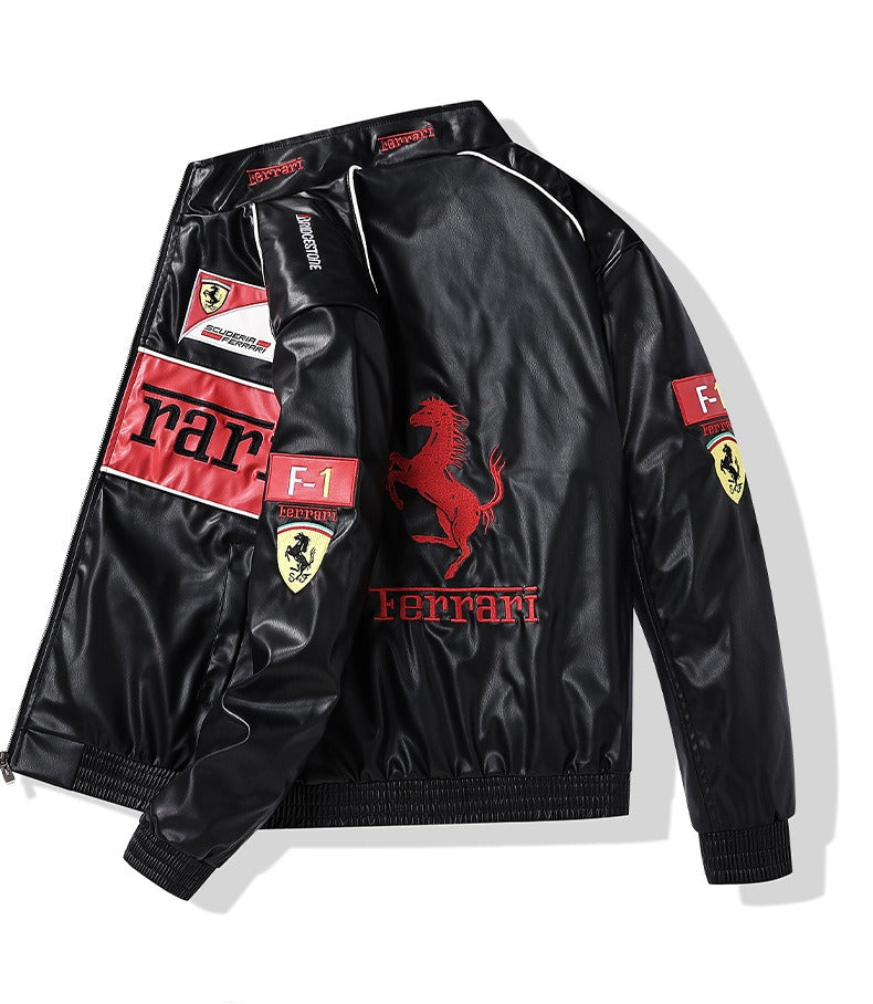 Ferrari Embroidered Racing  Faux Leather Jacket - Black Vintage F1 Streetwear (Red)