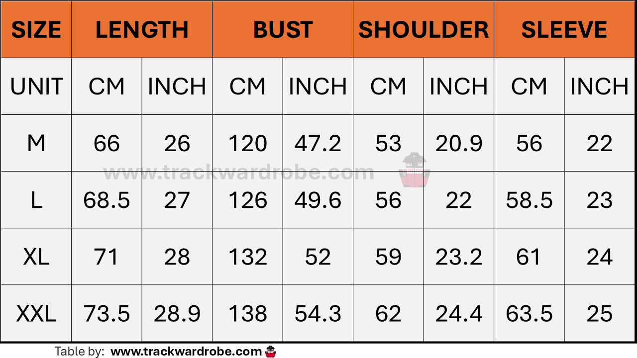 Measurement chart for clothing sizes M, L, XL, and XXL with details on length, bust, shoulder, and sleeve measurements.