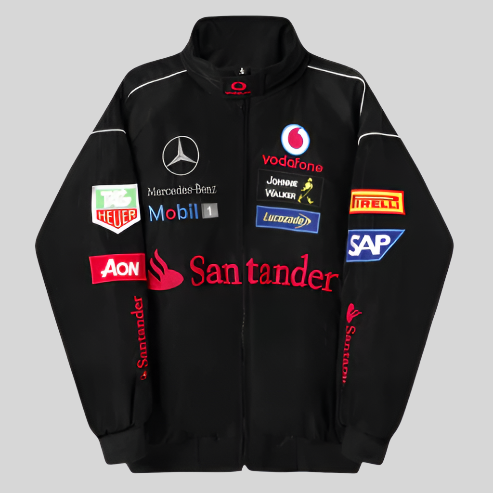 Black motorcycle jacket with embroidered brand logos and text accents.