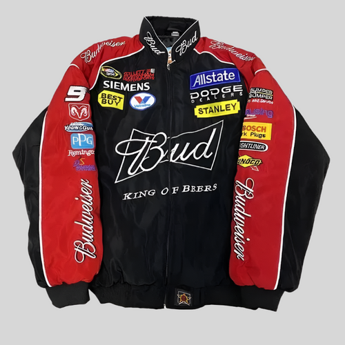 A red and black Nascar-style jacket with embroidered text and logos, including 'Bud' and 'King of Beers' slogans.