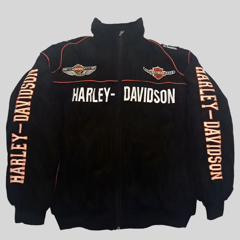 Black Harley Davidson jacket with orange and white text on a white background