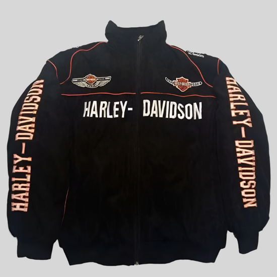 Black Harley Davidson jacket with orange and white text on a white background