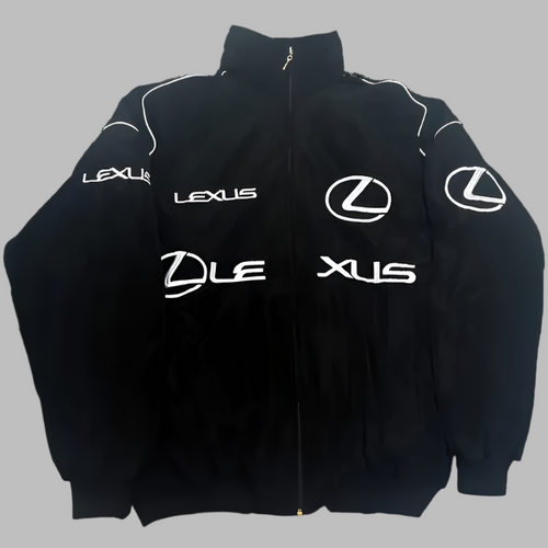 A black Lexus racing jacket with white and silver embroidery, featuring the Lexus logo and the word 'Racing' on the chest.